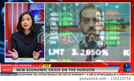 News anchor warns about new economics crisis, presenting stock market prices drop and people losing money. Latest news about financial exchange disaster, international tv headline. 110210758