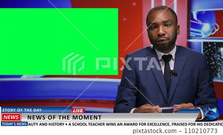 Newscaster does report with greenscreen on live tv program, presenting latest news in newsroom using isolated mockup chromakey template. Media journalist does world advertisements. Newscaster does report with greenscreen on live tv program, presenting latest news in newsroom using isolated mockup chromakey template. Media journalist does world advertisements. 110210773