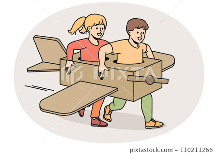 Overjoyed children play in paper handmade airplane 110211266