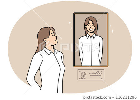 Confident woman look at picture of herself in frame Confident woman look at picture of herself in frame 110211296