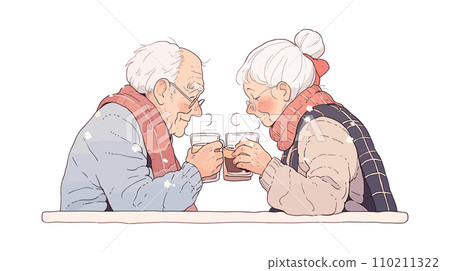 Elderly couple drinking coffee together. Valentine's Day concept, vector illustration 110211322