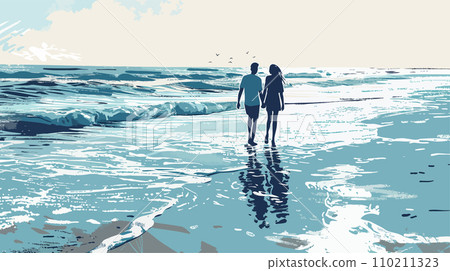 Young couple walking on the beach. Valentine's Day concept, vector illustration 110211323