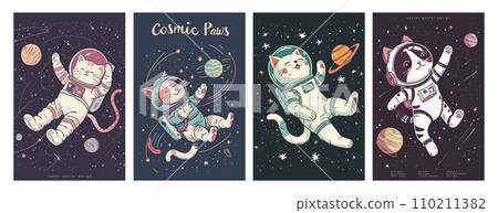 Retro science fiction, a space exploration scene on Mars and astronaut illustration poster set. 110211382