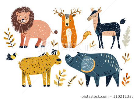 Set of wild lion, goat, deer, pig vector illustration 110211383