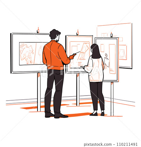 An architect and a client discussing design concepts for a new building, vector illustration An architect and a client discussing design concepts for a new building, vector illustration 110211491