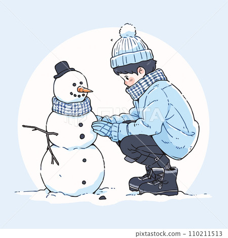 A child building a snowman on a crisp winter day, vector illustration 110211513
