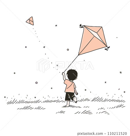 A child flying a handmade kite in a breezy summer field, vector illustration A child flying a handmade kite in a breezy summer field, vector illustration 110211520