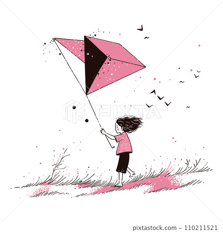 A child flying a handmade kite in a breezy summer field, vector illustration A child flying a handmade kite in a breezy summer field, vector illustration 110211521
