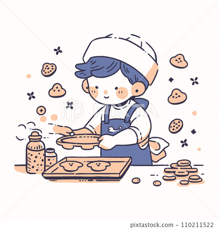 A child in a chef's hat happily baking cookies in the kitchen, vector illustration A child in a chef's hat happily baking cookies in the kitchen, vector illustration 110211522