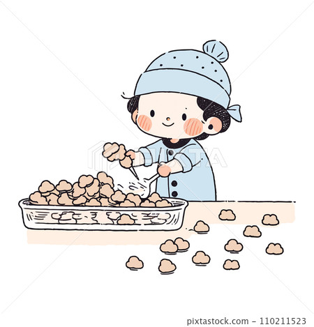 A child in a chef's hat happily baking cookies in the kitchen, vector illustration A child in a chef's hat happily baking cookies in the kitchen, vector illustration 110211523