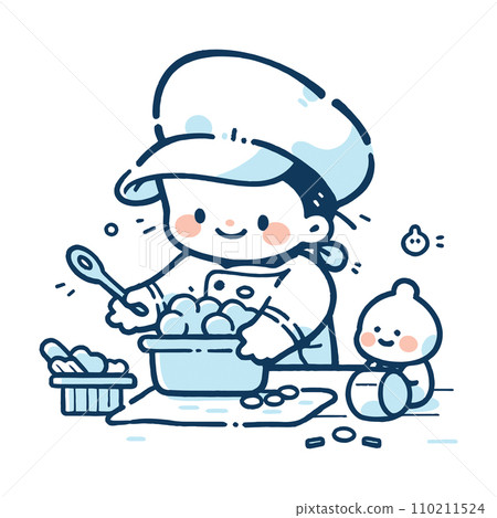 A child in a chef's hat happily baking cookies in the kitchen, vector illustration 110211524
