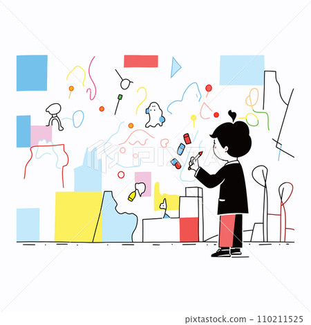 A child painting a colorful mural on a school wall, vector illustration 110211525