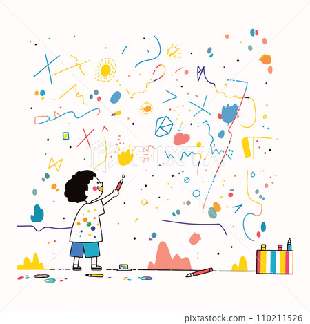 A child painting a colorful mural on a school wall, vector illustration A child painting a colorful mural on a school wall, vector illustration 110211526