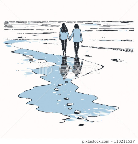 A couple walking hand in hand on a serene beach, vector illustration 110211527