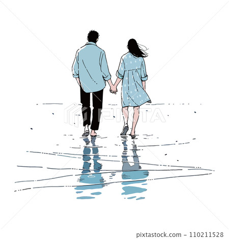 A couple walking hand in hand on a serene beach, vector illustration A couple walking hand in hand on a serene beach, vector illustration 110211528