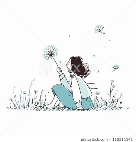 A girl blowing dandelion seeds in a lush spring meadow, vector illustration 110211541