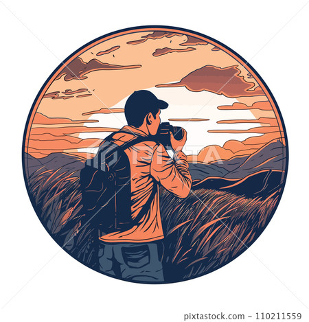A photographer capturing a breathtaking sunset in a remote location, vector illustration A photographer capturing a breathtaking sunset in a remote location, vector illustration 110211559