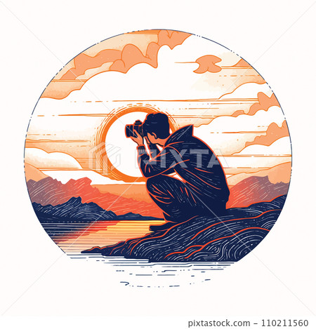 A photographer capturing a breathtaking sunset in a remote location, vector illustration A photographer capturing a breathtaking sunset in a remote location, vector illustration 110211560