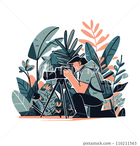 A photographer capturing the beauty of a rare bird in a tropical rainforest, vector illustration A photographer capturing the beauty of a rare bird in a tropical rainforest, vector illustration 110211563