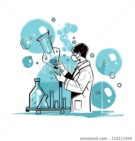 A scientist observing a reaction in a laboratory test tube, vector illustration A scientist observing a reaction in a laboratory test tube, vector illustration 110211564