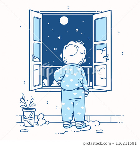 A child in pajamas waiting by the window, eager for a first glimpse of Santa Claus on Christmas Eve. A child in pajamas waiting by the window, eager for a first glimpse of Santa Claus on Christmas Eve. 110211591