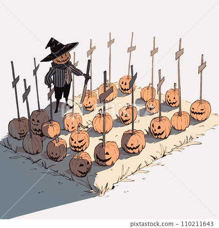 A scarecrow casting long, eerie shadows in a pumpkin patch at dusk. Vector Illustration. A scarecrow casting long, eerie shadows in a pumpkin patch at dusk. Vector Illustration. 110211643