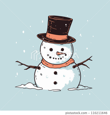 A snowman adorned with a top hat and carrot nose, set against a backdrop of falling snow. Vector Illustration. 110211646