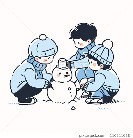 Children making a snowman on a cold Christmas day. Vector Illustration. 110211658