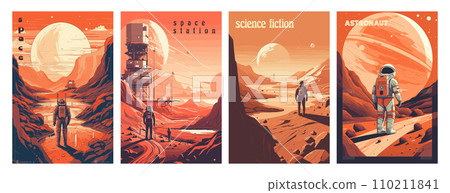 Retro science fiction, a space exploration scene on Mars and astronaut illustration poster set. 110211841