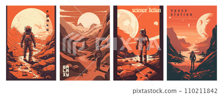 Retro science fiction, a space exploration scene on Mars and astronaut illustration poster set. 110211842