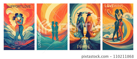 Happy pride month rainbow colors. Vector illustrations of lgbtq, pride, gay and lesbian couple for a greeting card, poster 110211868