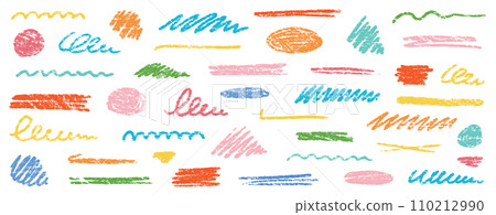 Crayon brush underline color stroke. Chalk kid highlight scribble stroke. Vector hand drawn brush underline element set for accent, crayon texture emphasis element. Rough chalk vector 110212990