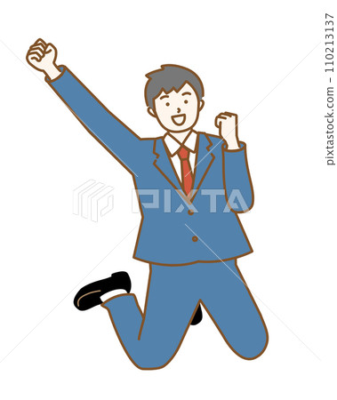Cartoon illustration of a male student jumping while doing a fist pump 110213137