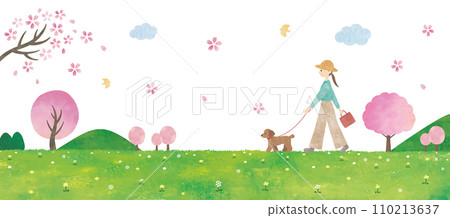 Landscape watercolor painting of a woman walking her dog and cherry blossoms Landscape watercolor painting of a woman walking her dog and cherry blossoms 110213637