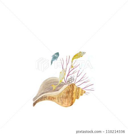 Watercolor frame underwater life isolated on white Watercolor frame underwater life isolated on white 110214336
