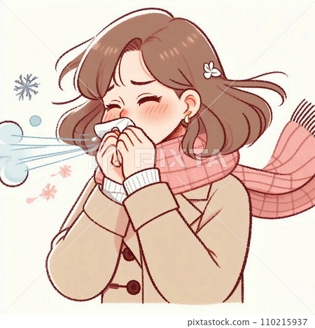 A woman sneezing due to the cold wind A woman sneezing due to the cold wind 110215937