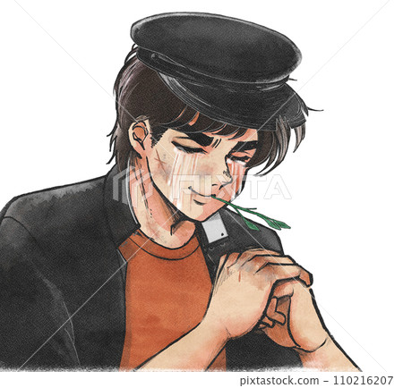 復古插畫：昭和時代的男子漢班長握緊拳頭哭泣 110216207
