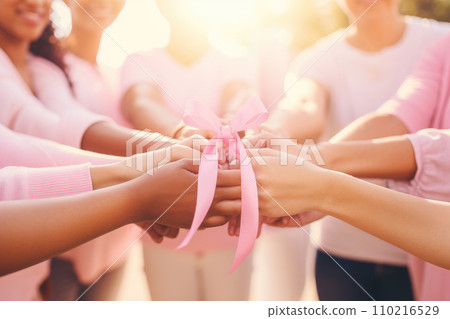 An international awareness day, woman hold pink ribbon cancer awareness. AI generative An international awareness day, woman hold pink ribbon cancer awareness. AI generative 110216529