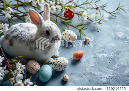 Easter Holiday Background Design featuring the Easter Bunny and Easter Eggs .Generative AI 110216553