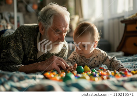 grandpa and kin fun with a toy , in living room. generative ai grandpa and kin fun with a toy , in living room. generative ai 110216571