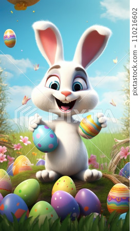 bunny surrounded by colorful Easter eggs. Generative AI 110216602