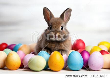 bunny surrounded by colorful Easter eggs. white background. Generative AI bunny surrounded by colorful Easter eggs. white background. Generative AI 110216615