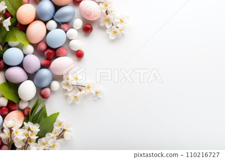 bunny surrounded by colorful Easter eggs white white space background . Generative AI bunny surrounded by colorful Easter eggs white white space background . Generative AI 110216727