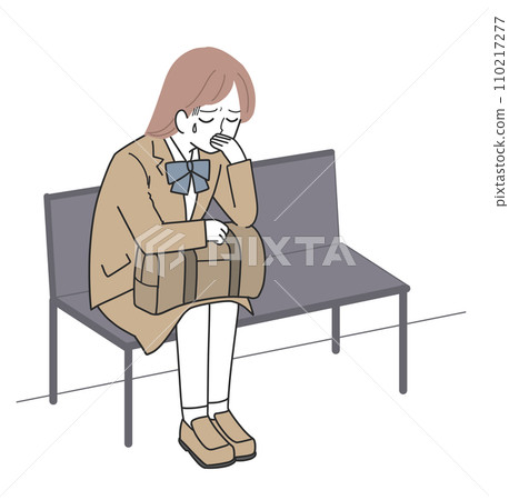 A female student feels unwell and sits on a bench A female student feels unwell and sits on a bench 110217277