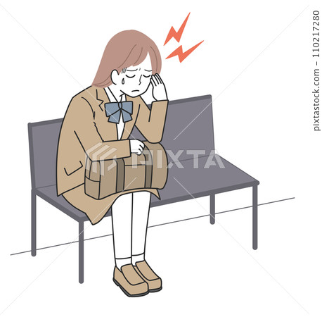 Female student sitting on a bench with a headache Female student sitting on a bench with a headache 110217280