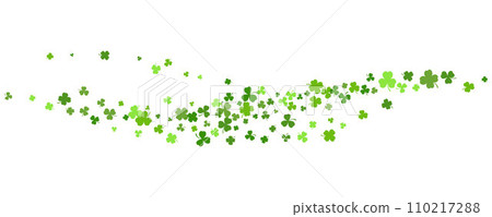 St. Patrick Day shamrock clover background. Wavy vector border with flying green leaves for posters banners and greeting cards. 110217288