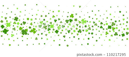 Shamrock clover background. St. Patrick day green leaves border. Celtic spring party design. Floral flying confetti for banner and poster. Vector 110217295