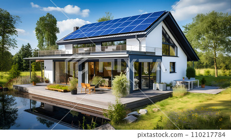 Modern House with Solar Panels Harnessing Clean Energy, Generative Ai 110217784