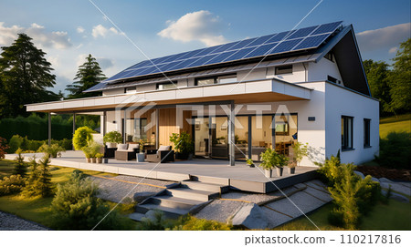 Modern House with Solar Panels Harnessing Clean Energy, Generative Ai 110217816