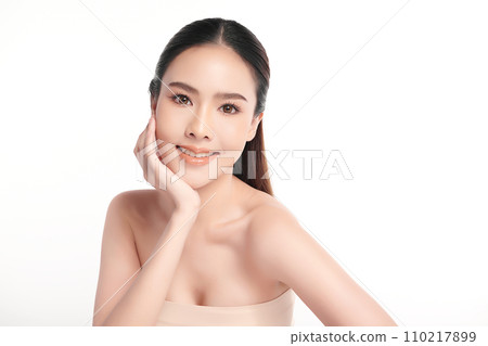 Beautiful young asian woman with clean fresh skin on white background, Face care, Facial treatment, Cosmetology, beauty and spa, Asian women portrait. 110217899